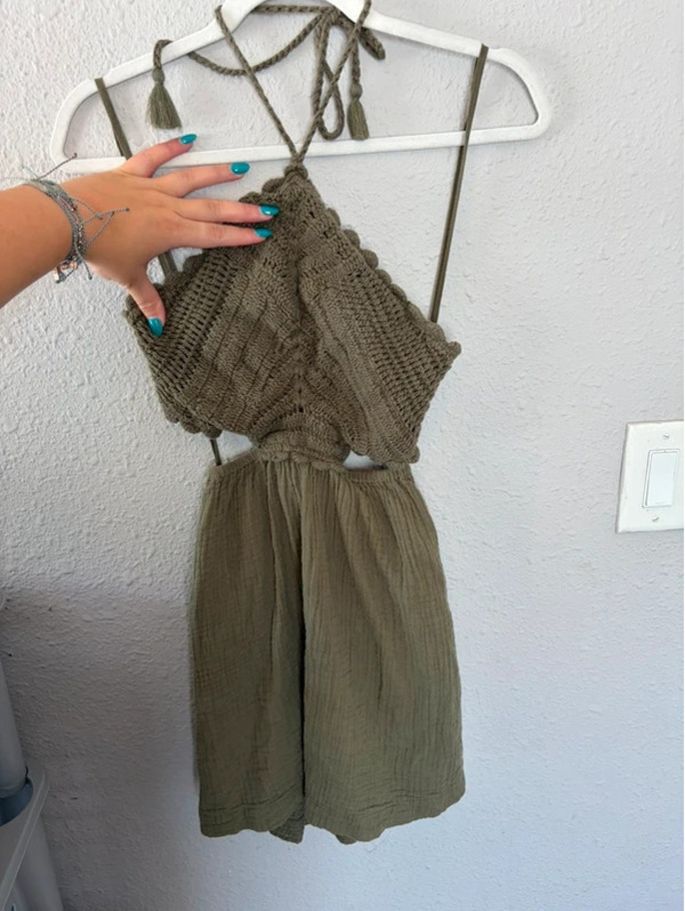Aerie green crochet/gauze halter neck dress size XS